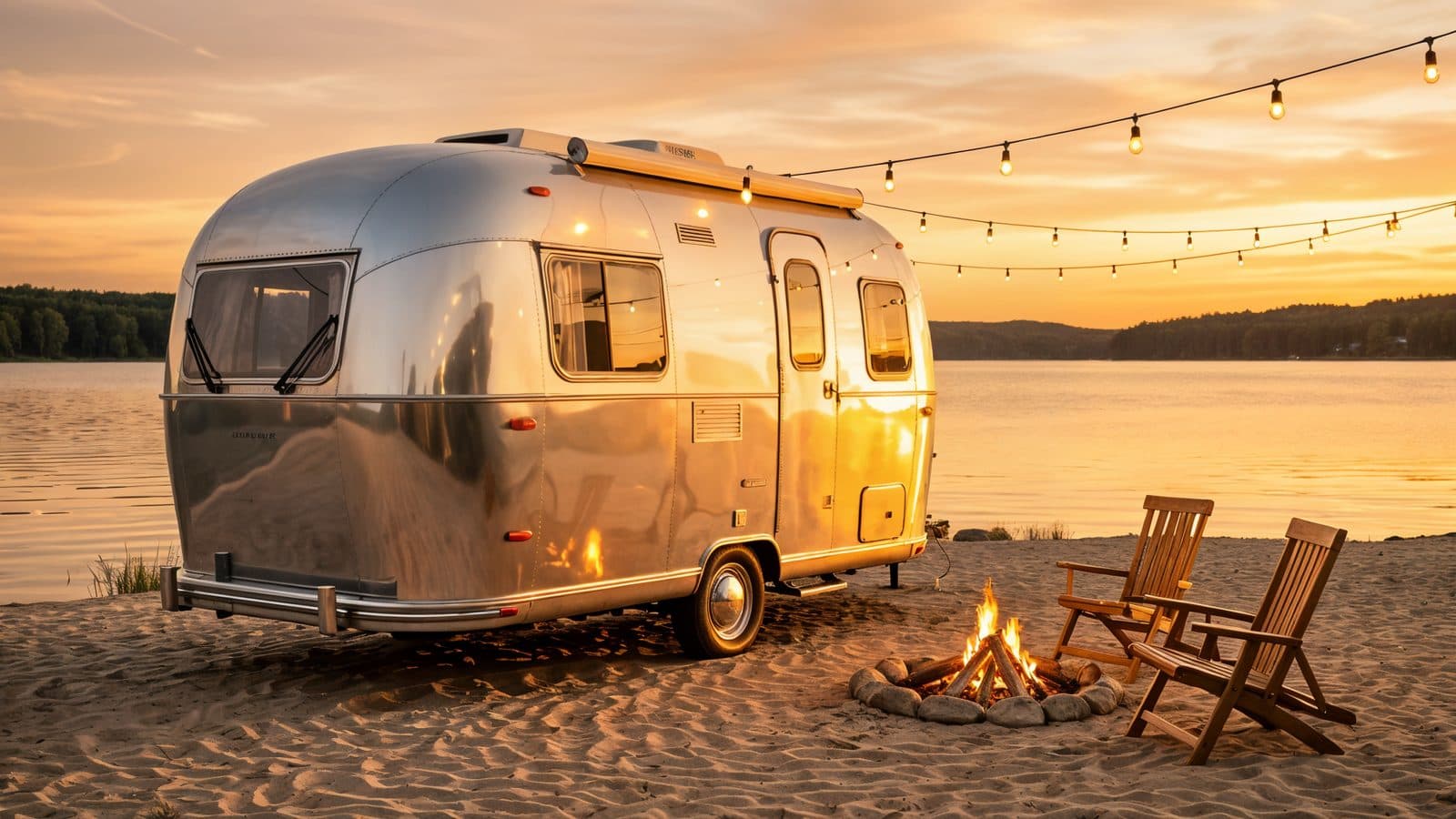Clean camper beside a lake and campfire at sunset