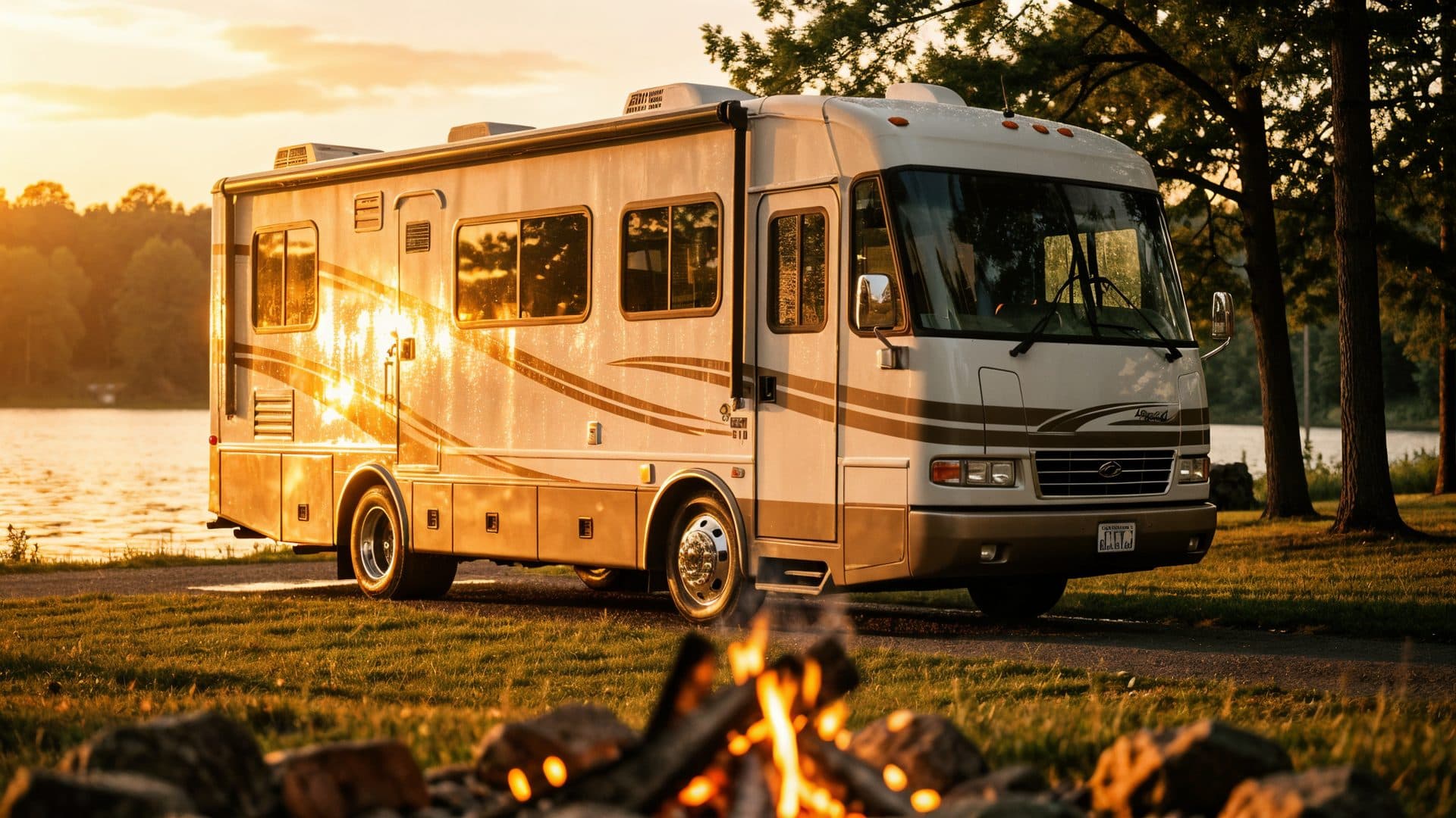 Freshly detailed motorhome glowing at a lakeside campground at golden hour