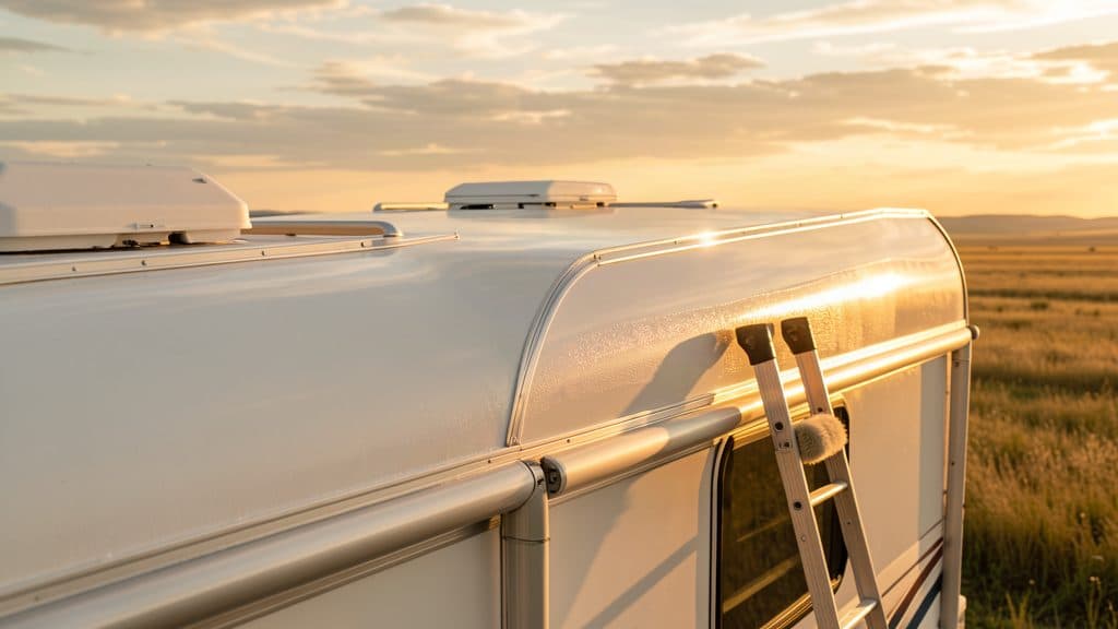 Freshly washed travel trailer roof gleaming in warm sunlight
